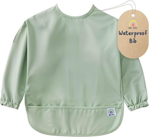 ARI MES Baby Bibs With Sleeves Waterproof Toddler Smock Bib Feeding | Full Coverage Sleeves, Catch All Pocket, Waterproof PU Material, Machine Washable, Ages 6-72 Months, Mess Free Meals in Saudi Arabia