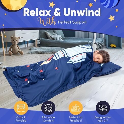 Nap mat - Toddler Nap Mat with Pillow & Fleece Blanket- 21" x 50" -Lightweight Toddler Sleeping Bag for Preschool, Daycare, Travel, Camping Ages 2-7 Years in Saudi Arabia