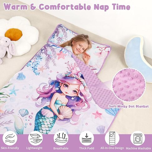 Toddler Nap Mat with Removable Pillow & Soft Minky Blanket, HNHUAMING Extra Large Rolled Napping Mats for Girls Boys, Kids Slumber Bags for Daycare, Preschool Travel Camping in Saudi Arabia