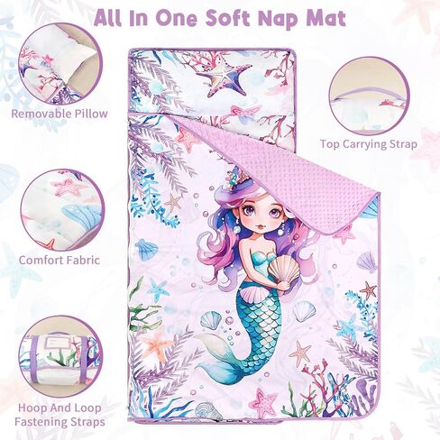 Toddler Nap Mat with Removable Pillow & Soft Minky Blanket, HNHUAMING Extra Large Rolled Napping Mats for Girls Boys, Kids Slumber Bags for Daycare, Preschool Travel Camping in Saudi Arabia
