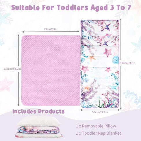 Toddler Nap Mat with Removable Pillow & Soft Minky Blanket, HNHUAMING Extra Large Rolled Napping Mats for Girls Boys, Kids Slumber Bags for Daycare, Preschool Travel Camping in Saudi Arabia