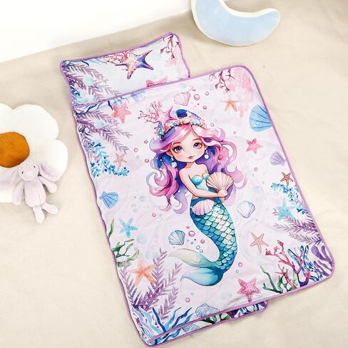 Toddler Nap Mat with Removable Pillow & Soft Minky Blanket, HNHUAMING Extra Large Rolled Napping Mats for Girls Boys, Kids Slumber Bags for Daycare, Preschool Travel Camping in Saudi Arabia