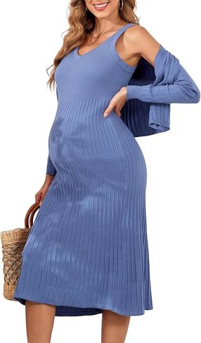 V FOR CITY Maternity Dress for Baby Shower Pregnancy Photoshoot Midi Bodycon Pleated A-Line Cropped Cardigan 2 Piece Sets in Saudi Arabia