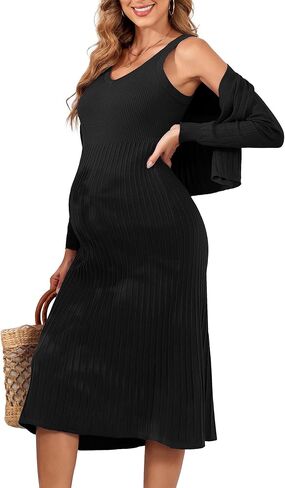 V FOR CITY Maternity Dress for Baby Shower Pregnancy Photoshoot Midi Bodycon Pleated A-Line Cropped Cardigan 2 Piece Sets in Saudi Arabia