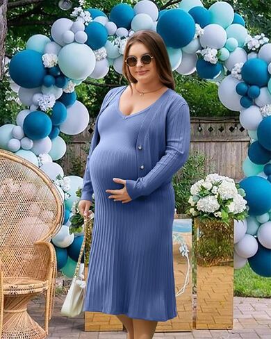 V FOR CITY Maternity Dress for Baby Shower Pregnancy Photoshoot Midi Bodycon Pleated A-Line Cropped Cardigan 2 Piece Sets in Saudi Arabia