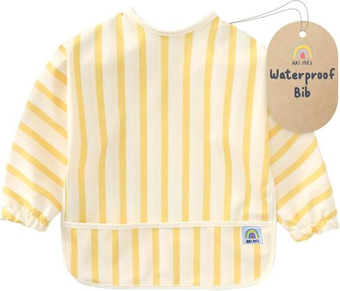 ARI MES Baby Bibs With Sleeves Waterproof Toddler Smock Bib Feeding | Full Coverage Sleeves, Catch All Pocket, Waterproof PU Material, Machine Washable, Ages 6-72 Months, Mess Free Meals in Saudi Arabia