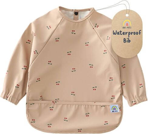 ARI MES Baby Bibs With Sleeves Waterproof Toddler Smock Bib Feeding | Full Coverage Sleeves, Catch All Pocket, Waterproof PU Material, Machine Washable, Ages 6-72 Months, Mess Free Meals in Saudi Arabia