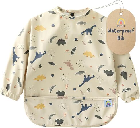 ARI MES Baby Bibs With Sleeves Waterproof Toddler Smock Bib Feeding | Full Coverage Sleeves, Catch All Pocket, Waterproof PU Material, Machine Washable, Ages 6-72 Months, Mess Free Meals in Saudi Arabia