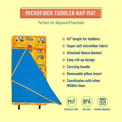 Wildkin Toddler Kids Nap Mat with Pillow for Boys & Girls – Soft & Cozy Microfiber Sleeping Mat for Daycare, Preschool, Kindergarten & Travel, Ages 3–5, Machine Washable in Saudi Arabia