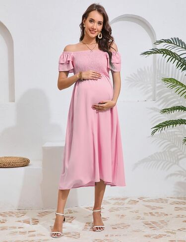 KOJOOIN Womens Maternity Flutter Short Sleeve Square Neck Summer Casual Dress Smocked Boho Maxi Dress Photoshoot Baby Shower in Saudi Arabia