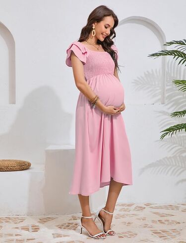 KOJOOIN Womens Maternity Flutter Short Sleeve Square Neck Summer Casual Dress Smocked Boho Maxi Dress Photoshoot Baby Shower in Saudi Arabia