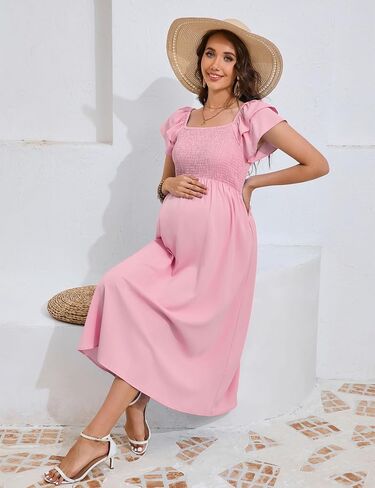KOJOOIN Womens Maternity Flutter Short Sleeve Square Neck Summer Casual Dress Smocked Boho Maxi Dress Photoshoot Baby Shower in Saudi Arabia