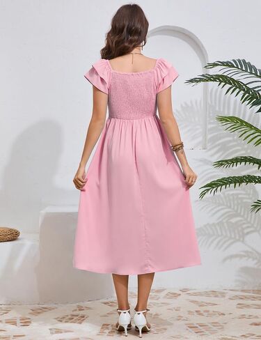 KOJOOIN Womens Maternity Flutter Short Sleeve Square Neck Summer Casual Dress Smocked Boho Maxi Dress Photoshoot Baby Shower in Saudi Arabia