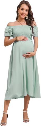KOJOOIN Womens Maternity Flutter Short Sleeve Square Neck Summer Casual Dress Smocked Boho Maxi Dress Photoshoot Baby Shower in Saudi Arabia