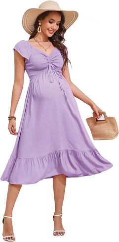 KOJOOIN Womens Maternity Short Sleeve Sweetheart Neck Summer Casual Smocked Boho Drawstring Maxi Dress Photoshoot Baby Shower in Kuwait