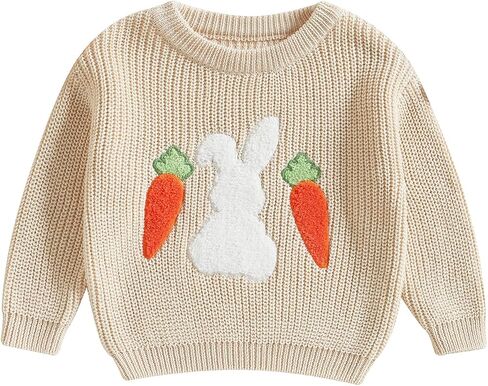 Toddler Girls Easter Sweater Knit Long Sleeve Round Neck Bunny Carrot Embroidery Top Pullover Knitwear in Saudi Arabia