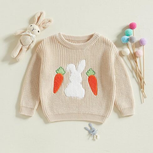 Toddler Girls Easter Sweater Knit Long Sleeve Round Neck Bunny Carrot Embroidery Top Pullover Knitwear in Saudi Arabia
