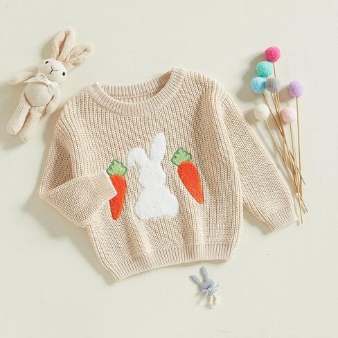 Toddler Girls Easter Sweater Knit Long Sleeve Round Neck Bunny Carrot Embroidery Top Pullover Knitwear in Saudi Arabia