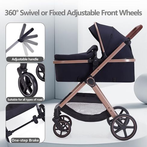 2 in 1 Baby Stroller, Newborn Infant Toddler Convertible Bassinet Pram Stroller for 0-36 Months Old Babies (Black) in Saudi Arabia
