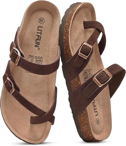 Litfun Women's Genuine Suede Sandals Arch Support Cork Footbed Summer Slide Sandals with Adjustable Buckle in Saudi Arabia