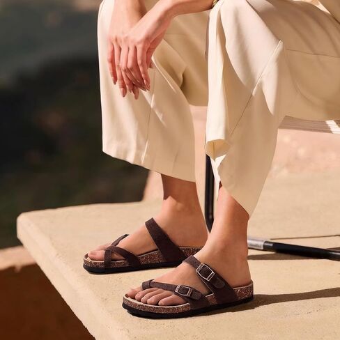 Litfun Women's Cork Footbed Sandals Comfortable Leather Summer Slides | Toe Loop, Arch Support, Slip On, Adjustable Buckle, Non-slip Rubber Sole, Comfy, Cushioned, Fashion, Casual in Saudi Arabia