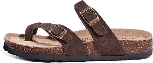 Litfun Women's Cork Footbed Sandals Comfortable Leather Summer Slides | Toe Loop, Arch Support, Slip On, Adjustable Buckle, Non-slip Rubber Sole, Comfy, Cushioned, Fashion, Casual in Saudi Arabia