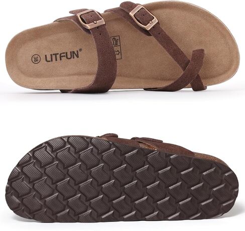 Litfun Women's Cork Footbed Sandals Comfortable Leather Summer Slides | Toe Loop, Arch Support, Slip On, Adjustable Buckle, Non-slip Rubber Sole, Comfy, Cushioned, Fashion, Casual in Saudi Arabia