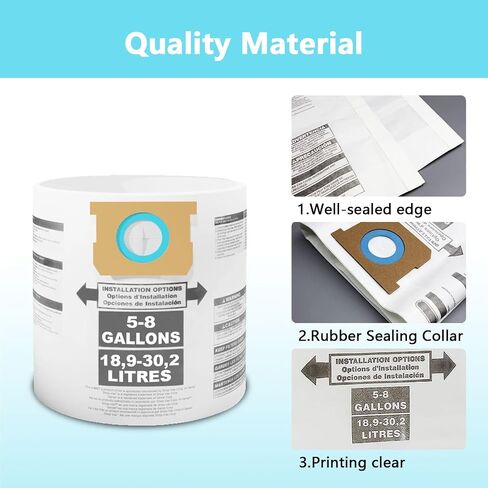15 pack Vacuum bag Compatible for Shop Vac bags 5-8 Gallon,Type E 90661 9066100 9066133,Type H 90671 9067100 9067133 VF2004,Disposable Collection Filter bags in Saudi Arabia