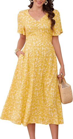 KOJOOIN Maternity V Neck Dress Ruffle Short Sleeve Summer A Line Midi Dress Baby Shower Photoshoot in Saudi Arabia