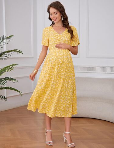 KOJOOIN Maternity V Neck Dress Ruffle Short Sleeve Summer A Line Midi Dress Baby Shower Photoshoot in Saudi Arabia
