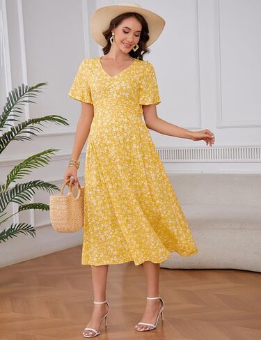 KOJOOIN Maternity V Neck Dress Ruffle Short Sleeve Summer A Line Midi Dress Baby Shower Photoshoot in Saudi Arabia
