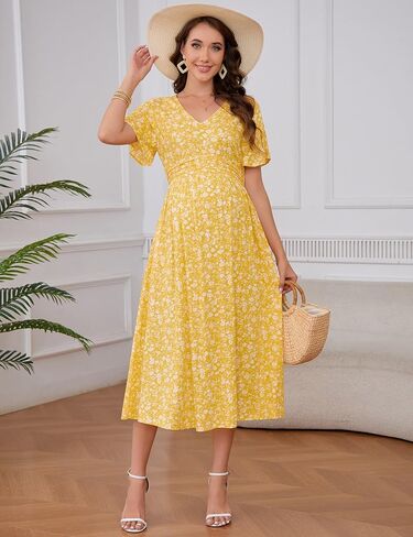 KOJOOIN Maternity V Neck Dress Ruffle Short Sleeve Summer A Line Midi Dress Baby Shower Photoshoot in Saudi Arabia