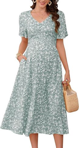KOJOOIN Maternity V Neck Dress Ruffle Short Sleeve Summer A Line Midi Dress Baby Shower Photoshoot in Saudi Arabia
