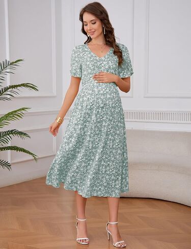 KOJOOIN Maternity V Neck Dress Ruffle Short Sleeve Summer A Line Midi Dress Baby Shower Photoshoot in Saudi Arabia