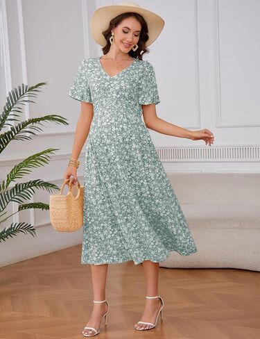 KOJOOIN Maternity V Neck Dress Ruffle Short Sleeve Summer A Line Midi Dress Baby Shower Photoshoot in Saudi Arabia