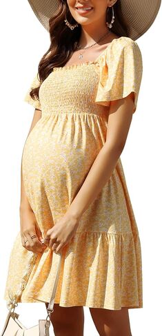 KOJOOIN Women's Maternity Square Neck Short Sleeve Summer Dress Smocked Boho Ruffle Casual Midi Dress Baby Shower Photoshoot in Saudi Arabia