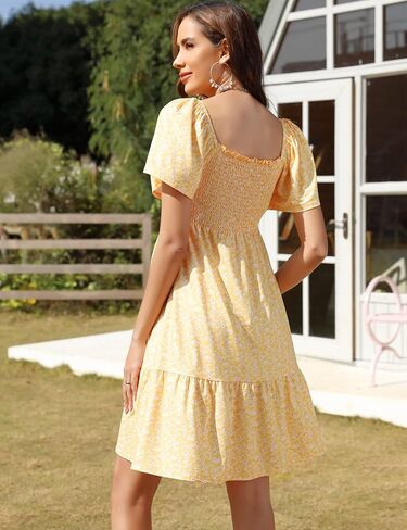 KOJOOIN Women's Maternity Square Neck Short Sleeve Summer Dress Smocked Boho Ruffle Casual Midi Dress Baby Shower Photoshoot in Saudi Arabia