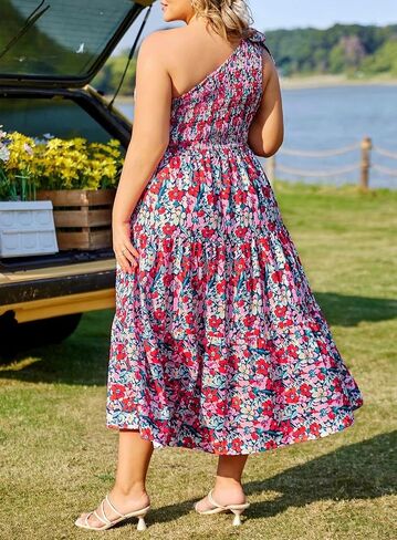 KIMCURVY Women Plus Size Summer Dress Boho Spring Floral Print Wedding Guest Smocked Long Dress with Pockets in Saudi Arabia