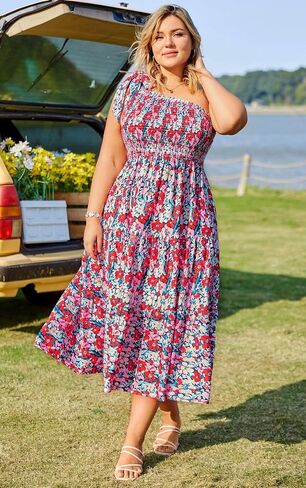 KIMCURVY Women Plus Size Summer Dress Boho Spring Floral Print Wedding Guest Smocked Long Dress with Pockets in Saudi Arabia