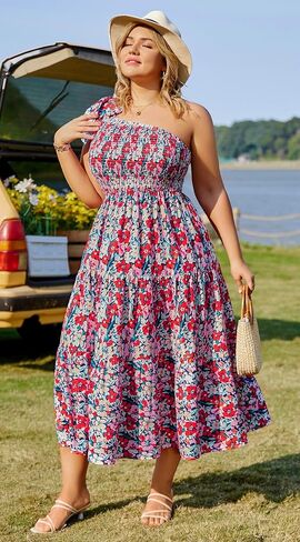 KIMCURVY Women Plus Size Summer Dress Boho Spring Floral Print Wedding Guest Smocked Long Dress with Pockets in Saudi Arabia