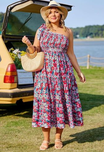 KIMCURVY Women Plus Size Summer Dress Boho Spring Floral Print Wedding Guest Smocked Long Dress with Pockets in Saudi Arabia