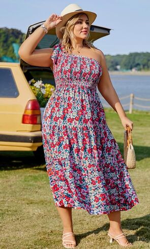 KIMCURVY Women Plus Size Summer Dress Boho Spring Floral Print Wedding Guest Smocked Long Dress with Pockets in Saudi Arabia