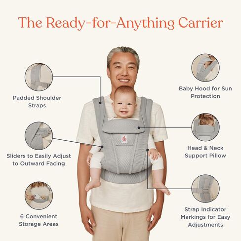 Ergobaby Omni Deluxe All Carry Positions Breathable Mesh Baby Carrier with Enhanced Lumbar Support & Airflow, Newborn to Toddler, (Holds 7-45 lbs), Pearl Grey in Saudi Arabia