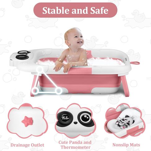 Foldable Baby Bathtub, Lightweight Bathtub for Infants to Toddlers with Soft Cushion & Thermometer, Portable Baby Tub Newborn to Toddler 0-36 Months(Pink) in Saudi Arabia