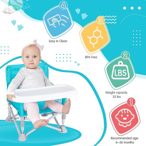 Portable Baby Booster Seat with Tray, Toddler Booster seat for Dining, Camping, Travel, Baby Beach Chair 6 Months to 3 Years Old Indoor Outdoor Use Cyan in Saudi Arabia