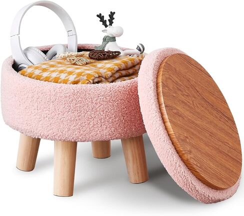 Wimarsbon Storage Ottoman, Modern Round Footrest with Soft Padded Seat, Teddy Velvet Footstool with Wood Legs, Accent Small Table or Plant Stand for Hallway, Living Room (Pink) in Kuwait