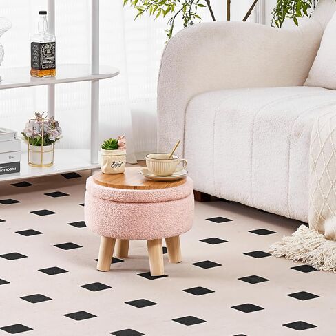 Wimarsbon Storage Ottoman, Modern Round Footrest with Soft Padded Seat, Teddy Velvet Footstool with Wood Legs, Accent Small Table or Plant Stand for Hallway, Living Room (Pink) in Kuwait