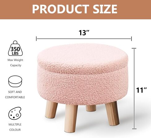 Wimarsbon Storage Ottoman, Modern Round Footrest with Soft Padded Seat, Teddy Velvet Footstool with Wood Legs, Accent Small Table or Plant Stand for Hallway, Living Room (Pink) in Kuwait