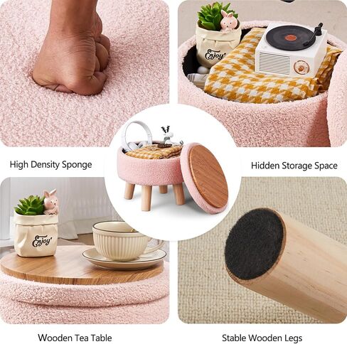 Wimarsbon Storage Ottoman, Modern Round Footrest with Soft Padded Seat, Teddy Velvet Footstool with Wood Legs, Accent Small Table or Plant Stand for Hallway, Living Room (Pink) in Kuwait