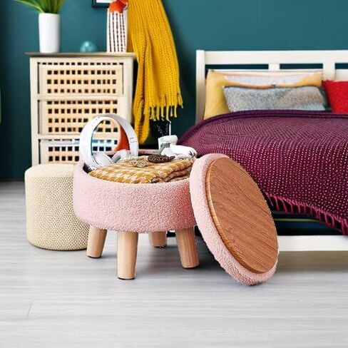 Wimarsbon Storage Ottoman, Modern Round Footrest with Soft Padded Seat, Teddy Velvet Footstool with Wood Legs, Accent Small Table or Plant Stand for Hallway, Living Room (Pink) in Kuwait